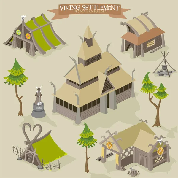 Viking Assentamento Vetorial Mapa Buider Ilustração Isométrica Sscandinavian Norseman Edifícios — Vetor de Stock