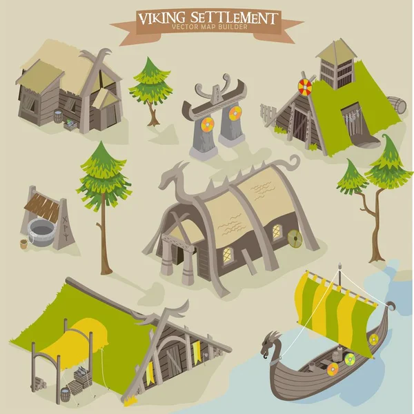 Viking Asentamiento Vector Mapa Builder Ilustración Isométrica Colección Edificios Nórdicos — Archivo Imágenes Vectoriales