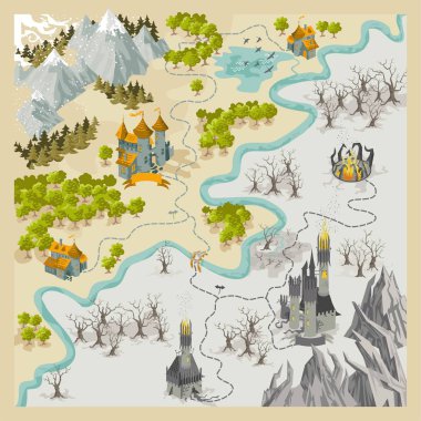 Renkli Doodle el beraberlik ile fantezi macera haritası elemanları vektör illüstrasyon siyah ve beyaz, tek renkli-Map1