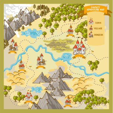 Renkli Doodle el beraberlik ile fantezi macera haritası elemanları vektör illüstrasyon siyah ve beyaz, tek renkli-Map1