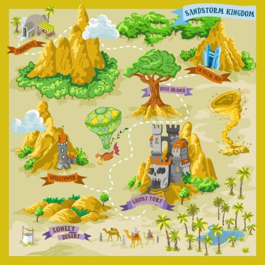 Fantasy advernture map for cartography with colorful doodle hand draw vector illustration in desert land - Sandstorm Kingdom clipart