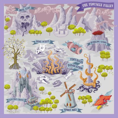 Fantasy advernture map for cartography with colorful doodle hand draw vector illustration of Tentacle Valley clipart