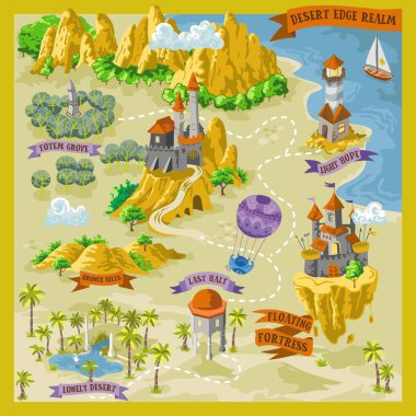 Fantasy advernture map for cartography with colorful doodle hand draw vector illustration in desert land - Desert Edge Realm clipart