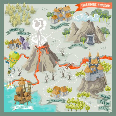 Fantasy land advernture map for cartography with colorful doodle hand draw in vector illustration - Fireshore Kingdom clipart