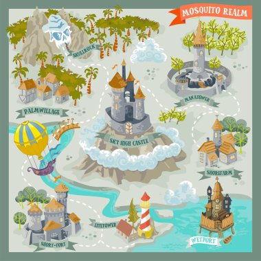 Fantasy land advernture map for cartography with colorful doodle hand draw in vector illustration - Mosquito Realm clipart