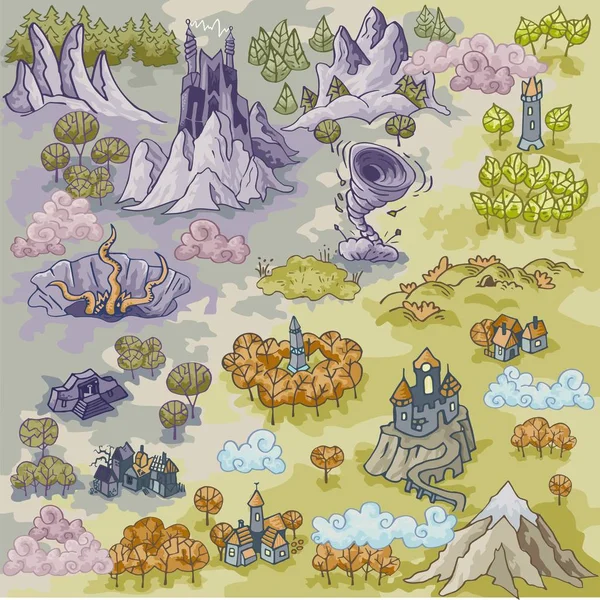 Fantasía Advernture Mapa Elementos Con Dibujo Mano Garabato Colorido Ilustración — Vector de stock