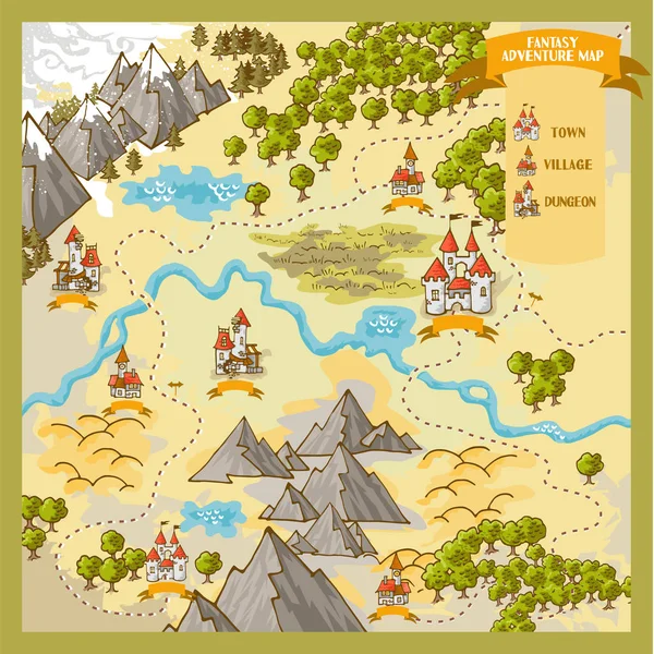 Fantasía Elementos Mapa Aventura Con Dibujo Mano Garabato Colorido Ilustración — Vector de stock