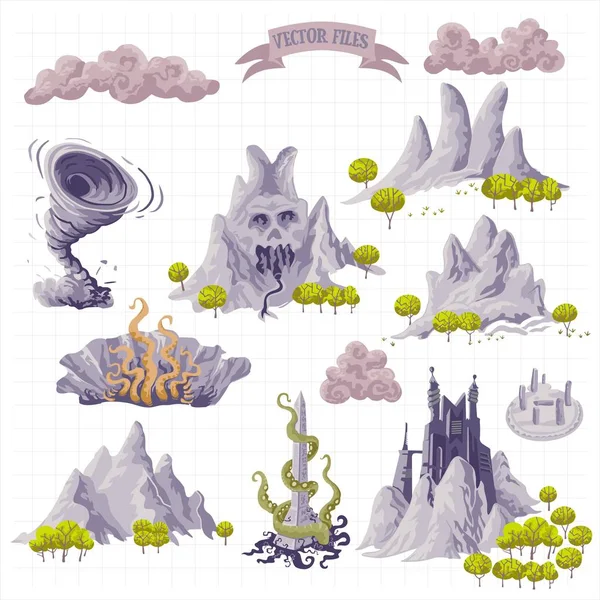 Fantasía Elementos Mapas Aventura Dibujar Mano Doodle Colorido Ilustración Vectorial — Vector de stock