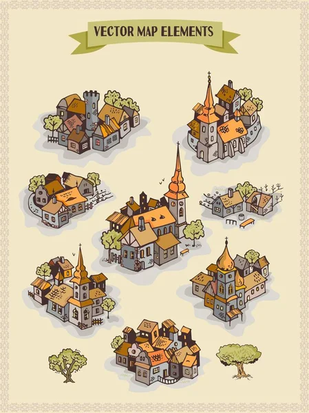 Векторні Елементи Карти Барвисті Рукопис Поселення Місто Село — стоковий вектор