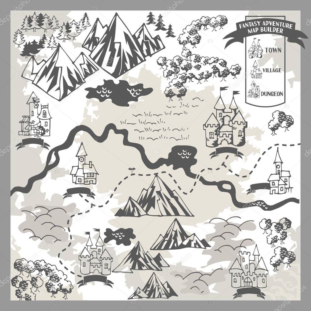 Fantasy Adventure map elements with colorful doodle hand draw in vector illustration black and white, monochrome - map1