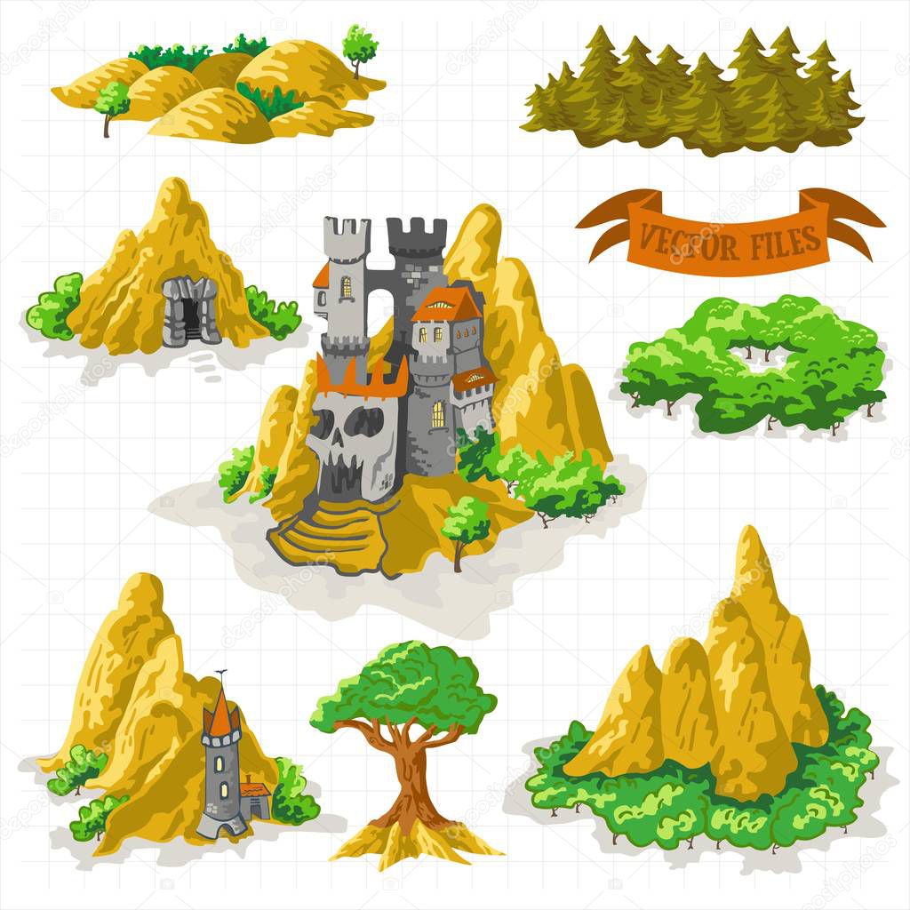Fantasy Adventure map elements and colorful doodle hand draw in vector illustration isolated on white background