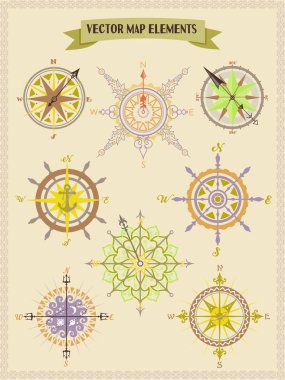 Windrose and Compass vector set for Map builder and cartography vector illustrations clipart
