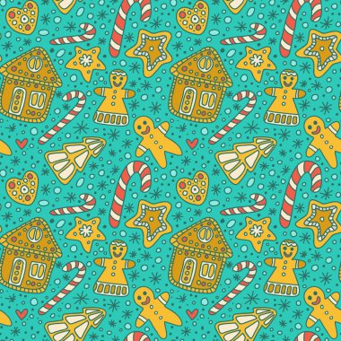 Turkuaz bir arka planda güzel el çizilmiş Noel deseni. Zencefil bisküvileri ile desen: adam, ağaç, yıldız, kalp, ve ev. Noel hediyeler ve süslemeleri için. Yılbaşı tatlıları