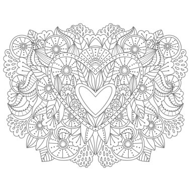 Güzel açık çalışma deseni kalp. Tebrik kartları, Düğün ve davetiye için güzel bir arka plan. Tatil Sevgililer günü için dekorasyon. Zentangle boyama kitabı sayfası