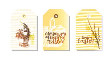 Hediye etiketleri Paskalya ile ilgili set Happy Easter günü. El bir tavuk, söğüt dalları, bir hasır sepeti, yumurta, bahar çiçekleri ile çizilmiş ile. Tatil tebrik için mükemmel