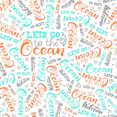 Doodle elemanları ile okyanus hakkında modern el yazısı. El boyaması yazıt. Dinlenmek için kaligrafi posteri. Kumaş için yazı ile yaz deseni, mayo