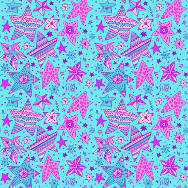 güzel el boyalı yıldız. Mavi arka planda Doodle tarzında bir yıldız kümesi. Dikişsiz desen