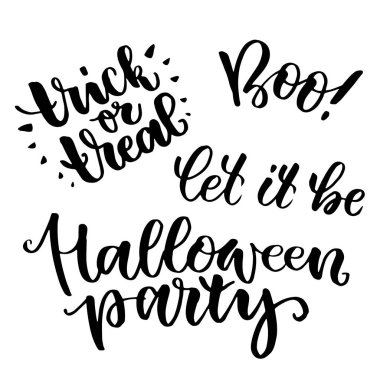 Cadılar Bayramı partisi. Boo! Hile ya da gerçek. Cadılar Bayramı için el yazısı yazı. Beyaz arka planda siyah ifade. Kartpostal, kart, sayfa vb için kullanın.