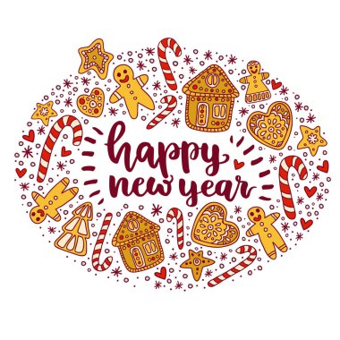Noel harfleri etrafında güzel el-çizilmiş Gingerbread ve tatlılar. Yeni Yılınız Kutlu Olsun.