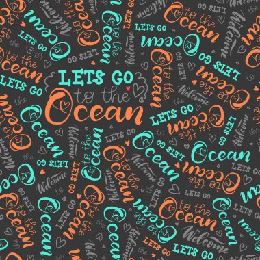 Doodle elemanları ile okyanus hakkında modern el yazısı. El boyaması yazıt. Dinlenmek için kaligrafi posteri. gri arka planda