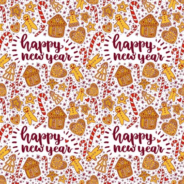 Beyaz bir arka planda güzel el çizilmiş Noel deseni. Mutlu yıllar yazısı. Zencefil bisküvileri ile desen: adam, ağaç, yıldız, kalp, ve ev.