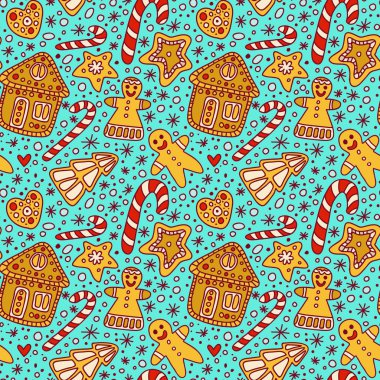 Turkuaz bir arka planda güzel el çizilmiş Noel deseni. Zencefil bisküvileri ile desen: adam, ağaç, yıldız, kalp, ve ev. Noel hediyeler ve süslemeleri için. Yılbaşı tatlıları