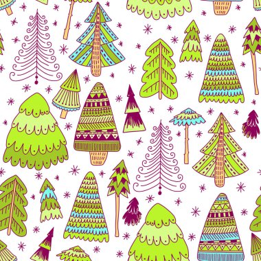 Beyaz arka planda Doodle tarzında güzel Noel ağaçları. Parlak bir Noel deseni. Dekorasyon kartpostallar ve poster için güzel tasarım.