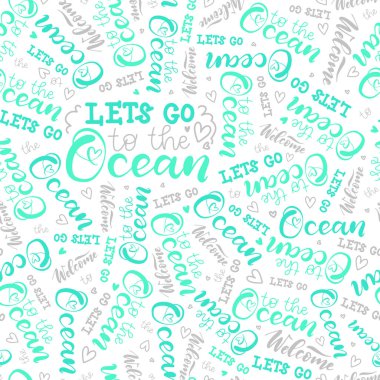 Doodle elemanları ile okyanus hakkında modern el yazısı. El boyaması yazıt. Dinlenmek için kaligrafi posteri. Kumaş için yazı ile yaz deseni, mayo