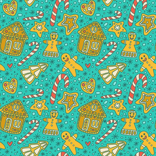 Turkuaz bir arka planda güzel el çizilmiş Noel deseni. Zencefil bisküvileri ile desen: adam, ağaç, yıldız, kalp, ve ev. Noel hediyeler ve süslemeleri için. Yılbaşı tatlıları