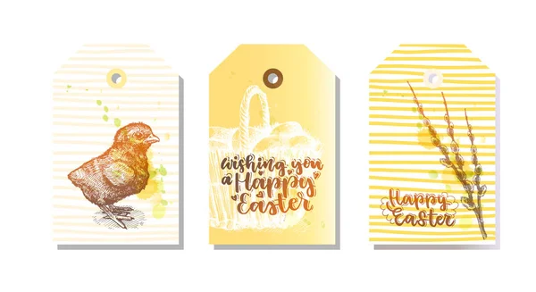 Набор Подарков Теги Пасхе Цитатой Праздником Пасхи Нарисованной Рукой Курицей — стоковый вектор