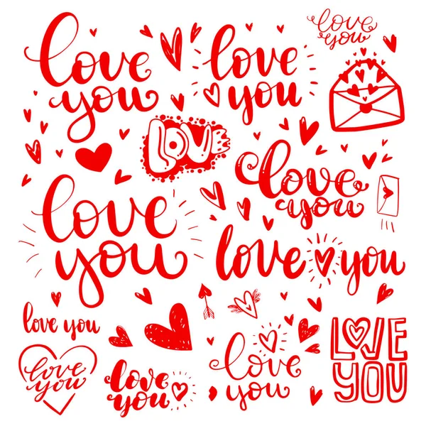 Set of love hand drawn quotes in love — Stock Vector