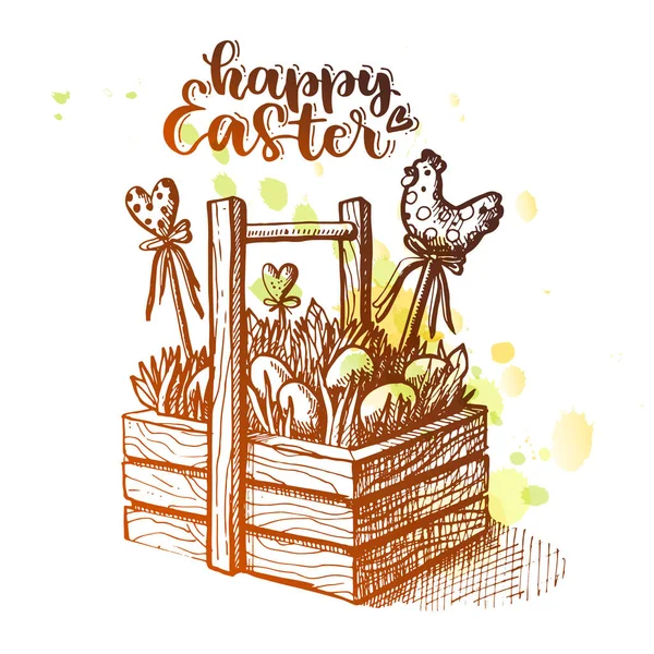 Beautiful wooden basket with Easter eggs. Lettering Happy Easter! With a gradient from brown to yellow. Against a background of green and yellow splashes.