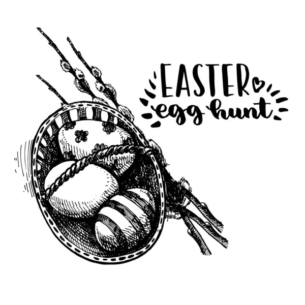 Hermosa Canasta Mimbre Con Huevos Pascua Dibujo Dibujado Mano Carta — Vector de stock