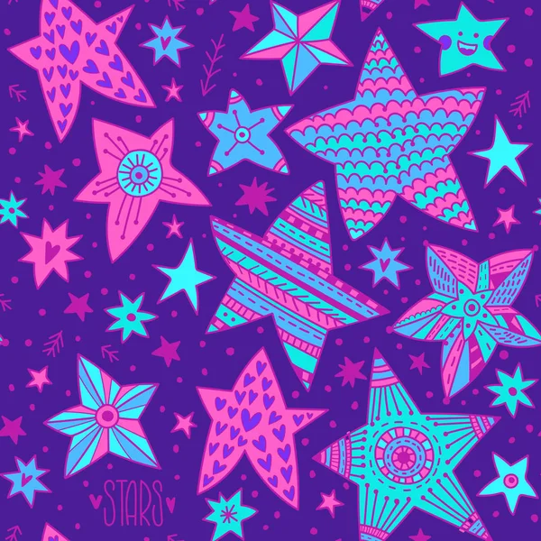 Bela Estrela Pintada Mão Conjunto Estrelas Estilo Doodle Fundo Violeta — Vetor de Stock