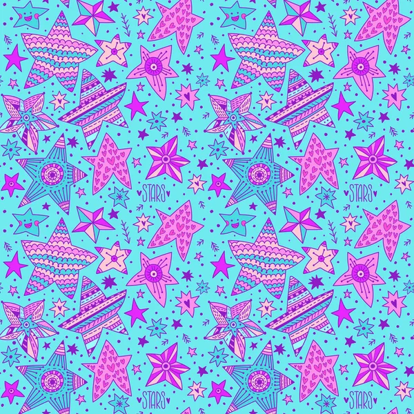 güzel el boyalı yıldız. Mavi arka planda Doodle tarzında bir yıldız kümesi. Dikişsiz desen