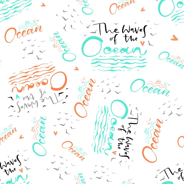 Doodle elemanları ile okyanus hakkında modern el yazısı. El boyaması yazıt. Dinlenmek için kaligrafi posteri. Kumaş için yazı ile yaz deseni, mayo