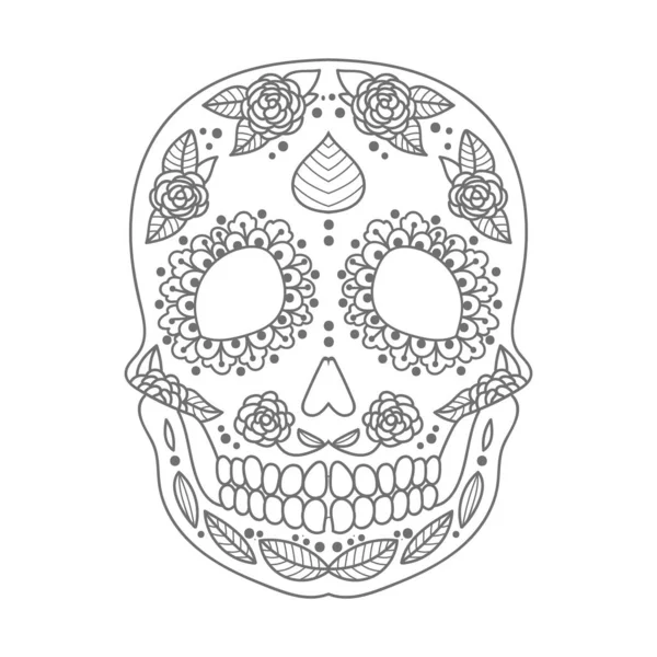 çiçek süs ile yakışıklı boyalı kafatası. Çiçek süs ile ölü şeker kafatası günü. Boyama sayfası.