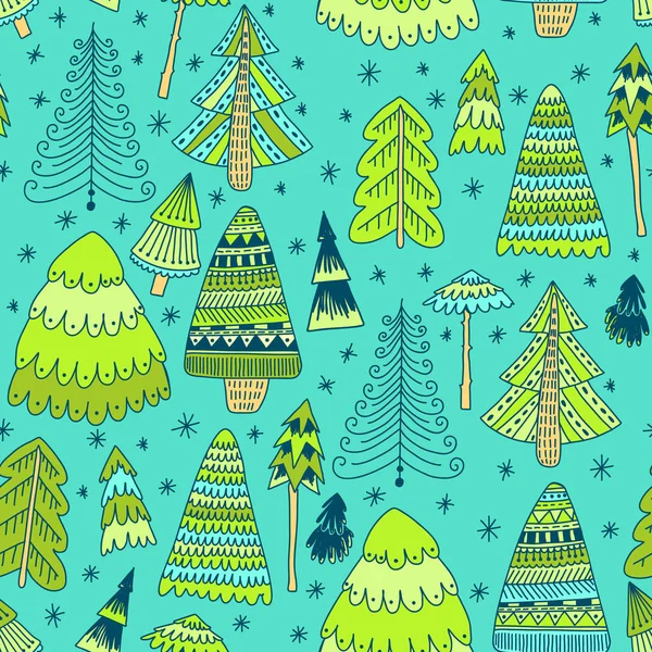 Belas Árvores Natal Estilo Doodle Fundo Azul Padrão Natal Brilhante — Vetor de Stock