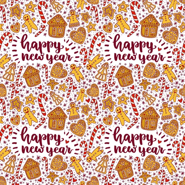 Beyaz bir arka planda güzel el çizilmiş Noel deseni. Mutlu yıllar yazısı. Zencefil bisküvileri ile desen: adam, ağaç, yıldız, kalp, ve ev.