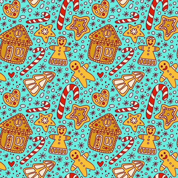 Turkuaz bir arka planda güzel el çizilmiş Noel deseni. Zencefil bisküvileri ile desen: adam, ağaç, yıldız, kalp, ve ev. Noel hediyeler ve süslemeleri için. Yılbaşı tatlıları