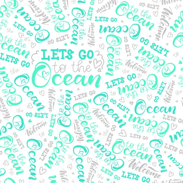 Doodle elemanları ile okyanus hakkında modern el yazısı. El boyaması yazıt. Dinlenmek için kaligrafi posteri. Kumaş için yazı ile yaz deseni, mayo