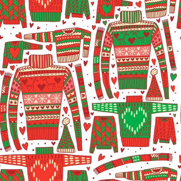 Beautiful Christmas Jumpers Doodle Style Bright Christmas Pattern Beautiful Design — Stock Vector