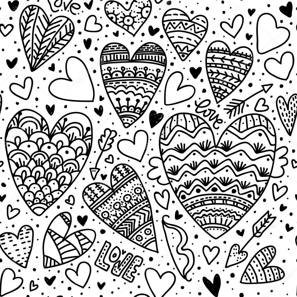 Beautiful pattern with doodle hearts. Beautiful children's coloring page for Valentine's day, love