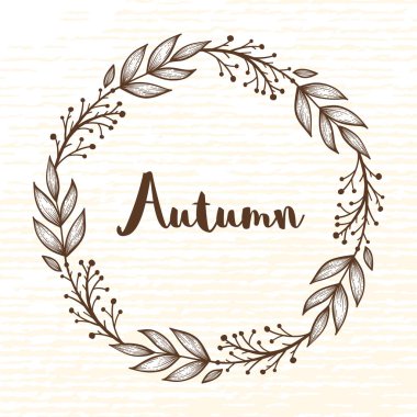 Orman elemanlarının sonbahar çelengi. Yapraklar, meşe palamudu, dallar ve meyveler. Güzel script Sonbahar.