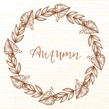 Orman elemanlarının sonbahar çelengi. Yapraklar, meşe palamudu, dallar ve meyveler. Güzel script Sonbahar.