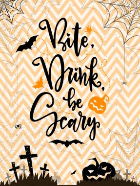 ısırık. İç, korkmak için. Haloween teklif kartı. Pumppkin ile gece arka plan. yarasalar, mezar, mezar taşı