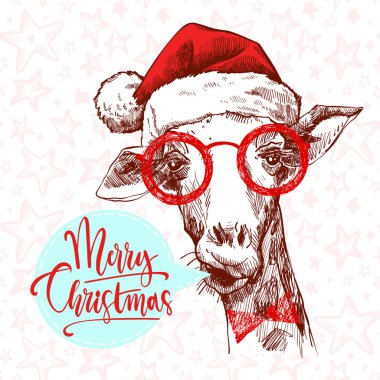Bir hipster Noel zürafası. Gözlüklü el çizilmiş zürafa, Noel Baba şapkası. Zürafa yüz başının çizimi. Ondan farklı ışınları ile Zürafa.