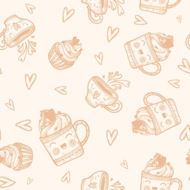 Cupcakes, dondurma, kahve, çay, kalp ile sevimli el çizilmiş desen çizilmiş. Kapak için aşk deseni. Ambalaj için desen