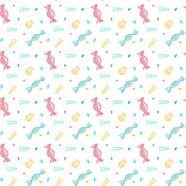 Parlak renklerde genom dizilimi. Doodle tarzında arka plan. DNA, genom, makas, test tüpü.