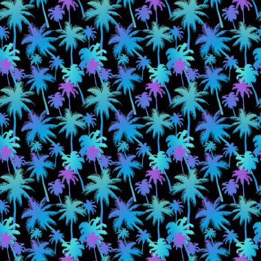 Siyah arka plan üzerinde katmanlı renkli neon palmiye yaprakları ile palmiye ağaçları ile Dikişsiz desen. Güzel siluetler, mayo, sörf tahtası, yazlık giysiler için